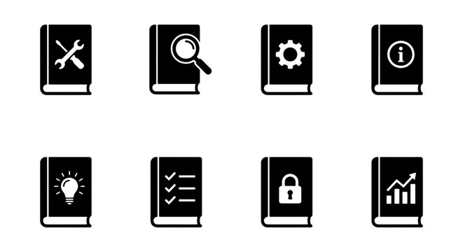 Minimalist book icon set with 8 black vector symbols, technical manual and instruction guide icons, business documentation and knowledge base graphics