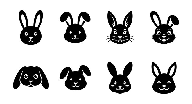 Rabbit head silhouette icons, set of 8 bunny face vector illustrations, black and white animal character logos, cute easter bunny head graphics