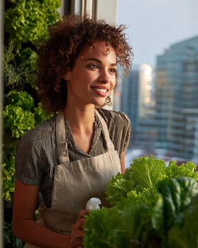 Joyful young Black woman in apron tends to healthy vertical garden in city apartment