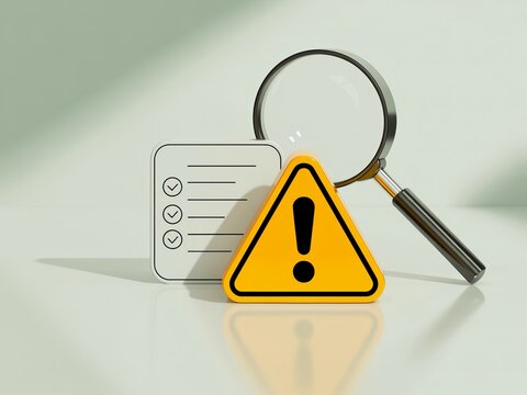 Yellow warning sign with magnifying glass and checklist for business risk audit and assessment