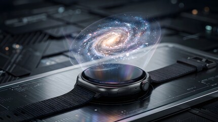 Fototapeta premium Advanced smartwatch displays a vibrant holographic projection of a rotating spiral galaxy above its round dark sleek glass interface screen
