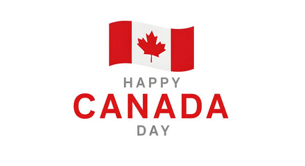 Fototapeta premium Canadian flag waving above Happy Canada Day text in red and grey maple leaf