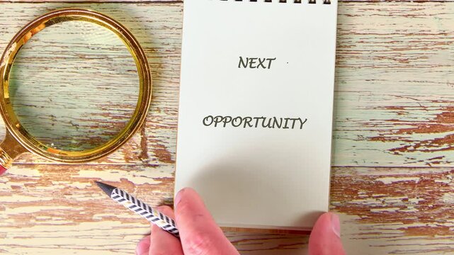Hands show cards evolving from shorthand to Next Opportunity then a notebook with the same message. A pen and magnifying glass sit on a wooden table