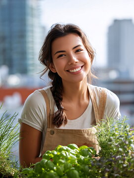 Joyful Hispanic woman with a warm smile gardening herbs on a sunny day