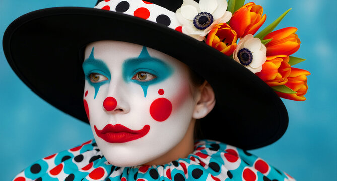 Woman with artistic clown makeup wearing a black hat with flowers. Intricate face paint and polka-dot collar against blue. Circus performer concept for theater and carnival ads.