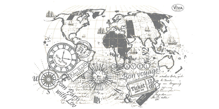 A vintage-style world map featuring various travel-themed elements, old clock faces, stamps, tickets, and handwritten notes on a light background.