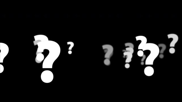 White question marks animation on a black background. Abstract background perfect for concepts of uncertainty, FAQ, searching for answers, and mystery
