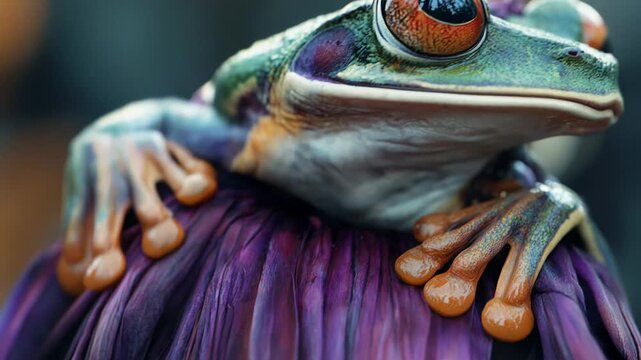 Macro shot of a colorful red-eyed tree frog slowly blinking while resting on a vibrant purple flower