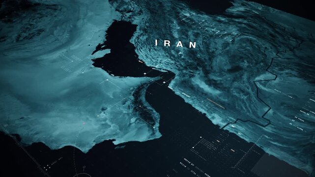 Global satellite surveillance map, tactical military intelligence interface, geopolitical data visualization, cyber warfare concept, strategic monitoring, dark cinematic tech background : Iran