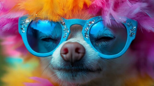 Funny chihuahua wearing colorful wig and blue sunglasses winking at the camera