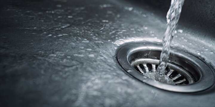 Close-up of water flowing into a sink drain, creating ripples and splashes