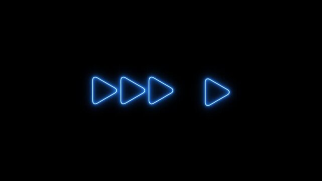 Bright Blue Neon Play Button Icon Glowing on Black Background Keywords: play button, media, video, audio, music, start, go, forward, next, control, interface, symbol, icon, graphic, design