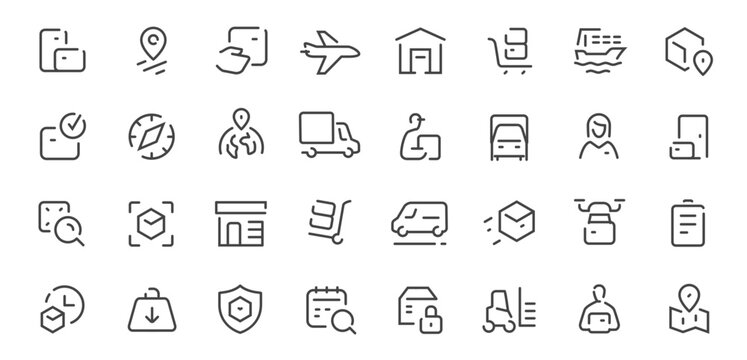 Delivery and logistics line icons set. Shipping, transport, tracking minimal outline symbols