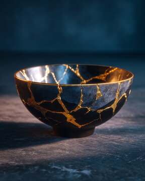 Kintsugi Artistry: Intricate Golden Seams on a Dark Ceramic Bowl