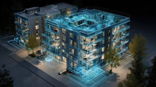 Modern multi-story apartment building under construction with visible structural elements and blueprints