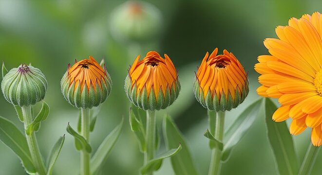 A vibrant orange marigold flower blooms in a lush green garden, surrounded by a variety of other plants and flowers, creating a serene and peaceful atmosphere.