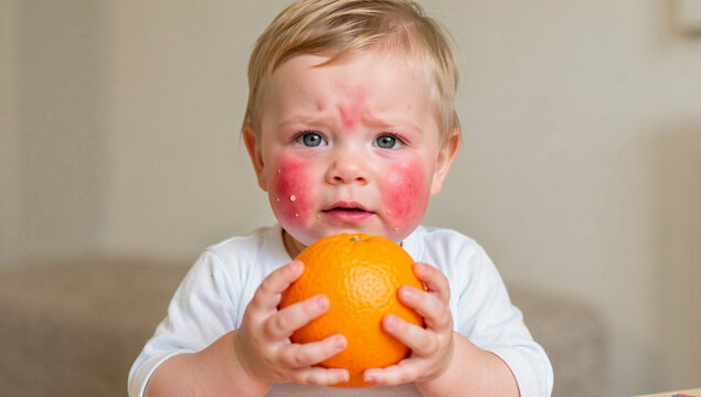 Little child holds orange with flushed cheeks. Soft-focus background highlights child's expression. Bright orange contrasts with pale skin tone. Child wears plain white garment
