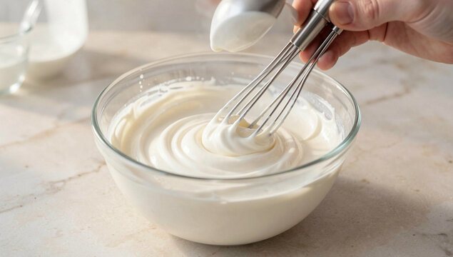 Hand whisks creamy mixture in clear glass bowl. Whisk stirs smooth, white mixture gently. Glass bowl rests on light-colored countertop. Background includes blurred glass container