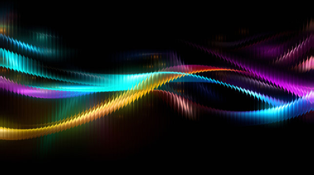 Vibrant abstract glass wave texture with glowing multi-color neon ripples and sharp vertical distortion on a black background, perfect for futuristic digital art, and dynamic cinematic backdrops.