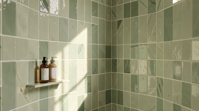 Zellige handmade sage green shower tile with irregular surface, artisan bathroom, organic imperfect beauty