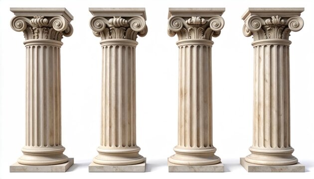 Four Classical Corinthian Columns Isolated on White Background.