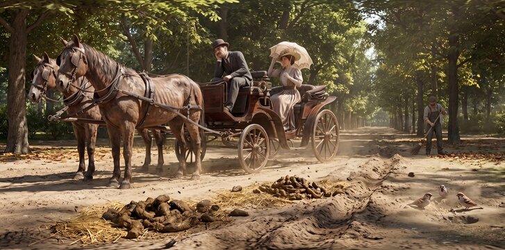 Elegant Victorian couple travels by horse-drawn carriage on a sun-dappled park road, capturing a nostalgic historical journey. Features Generative AI.
