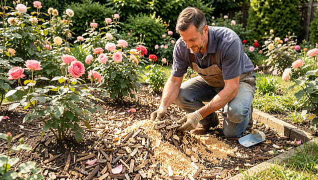 Man tends to rose garden bed with gloves and gloves. Pink roses bloom around him in garden bed. He wears apron, knee-deep in soil and mulch. Gloves show care and attention to garden work