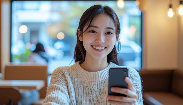 カフェで撮影する女性、スマートフォン