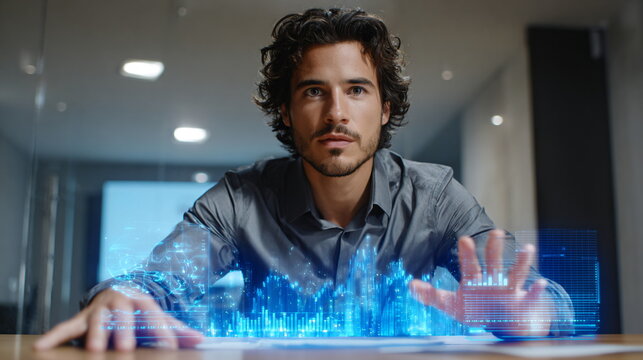 Male project manager in shirt interacting with holographic digital data interface in office