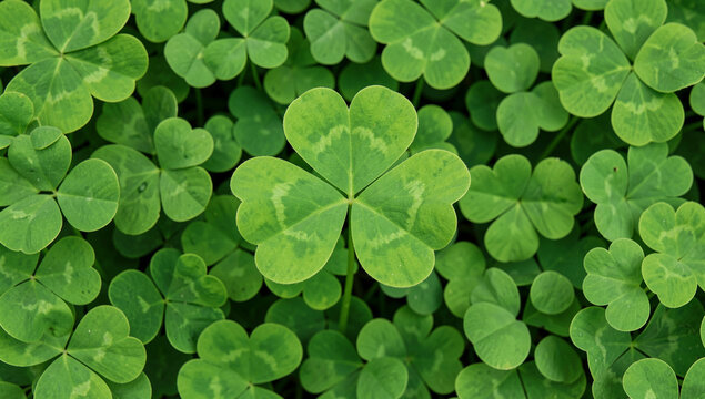 Vibrant green clover leaves in dense field. Four-leaf clover stands out amidst many. Lush foliage with subtle natural variations. Fresh, healthy plants under soft daylight