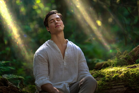 Young man in simple linen shirt meditating peacefully in sunlit forest setting
