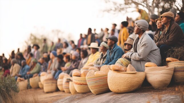 People sitting on a hill, watching a large gathering in a valley at sunset