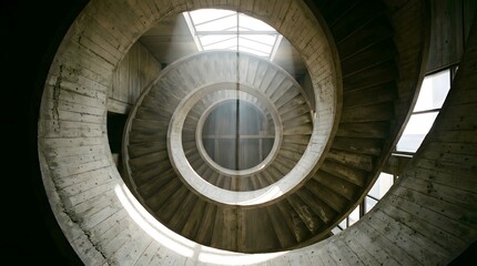 Fototapeta premium A magnificent concrete brutalist spiral staircase, viewed from directly above, creates an eye-catching architectural marvel with strong geometric lines.