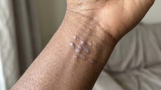 Skin rash on wrist shows painful fluid filled blisters in closeup