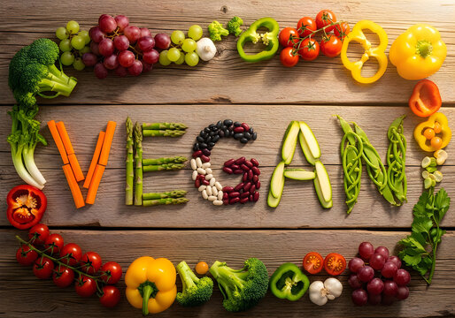 Vegan food concept with vegetable and fruit letters on wooden table 