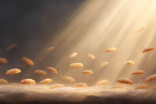 Loaves and fish transforming into bread and fish, representing a religious miracle