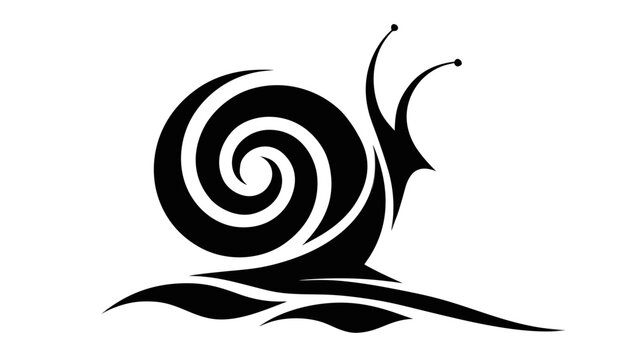 Black silhouette of a snail with spiral shell on flowing waves  