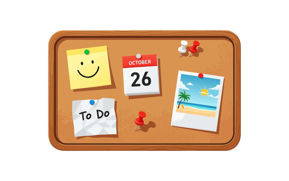 Bulletin board with notes calendar and photo pinned to it.