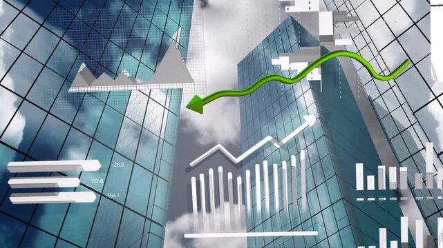 On green arrow sweeping in, white cubes and bars assembling, growing, rotating to show upward trend