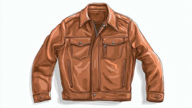 Classic Brown Leather Jacket Illustration With Pockets Zipper Collar and Casual Vintage Style