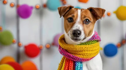 Fotobehang Dierenarts Adorable dog with colorful scarf posing against vibrant backdrop of playful decorations and soft focus lights  © savittree