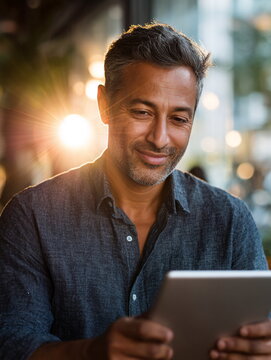 South Asian man in his 40s smiling, casually dressed, using a tablet outdoors