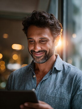 Smiling South Asian man in 40s using a tablet in a cozy, warm-lit environment