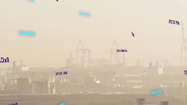 Labels entering from edges starting motion, drifting across hazy port cranes, visualizing data flow
