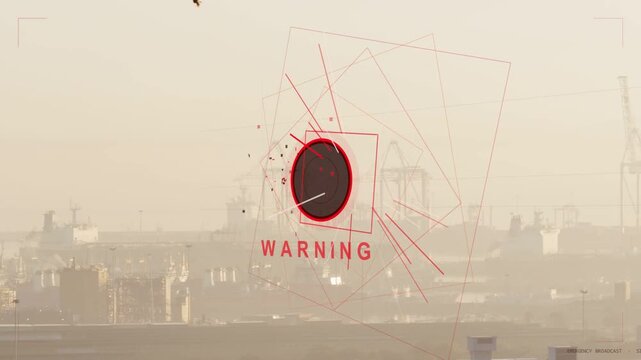 Dark disk appearing triggers warning graphic growing, pulsing wireframes WARNING alerting harbor
