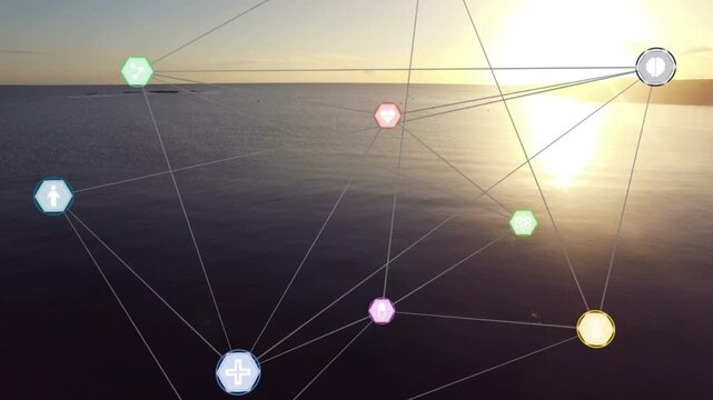 Camera shifting causing network drifting over water, revealing nodes and marking sun node for tech