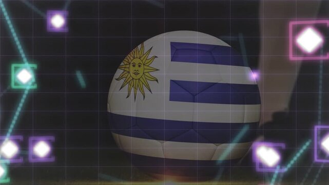 Neon particles drifting inward making legs nudging flag ball right revealing grid tech demo