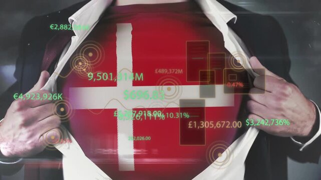 Male exec pulling open white shirt and jacket revealing red cross sphere while finance HUD updating
