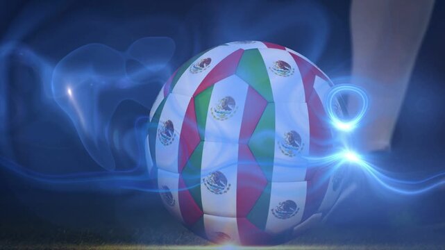 Soccer player closing in kicking crest ball on pitch sparking blue trails carrying it starting play