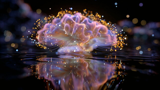 Abstract macro photograph of a luminous, glowing, and vibrant coral-like structure with optical fiber elements